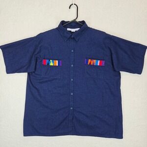 San Antonio Collection Women Short Sleeve Button Down Shirt 1X Navy Woven Pocket